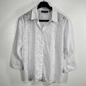 Susan Graver Style‎ Floral Jacquard Button Front Shirt Women's 1X White Blouse